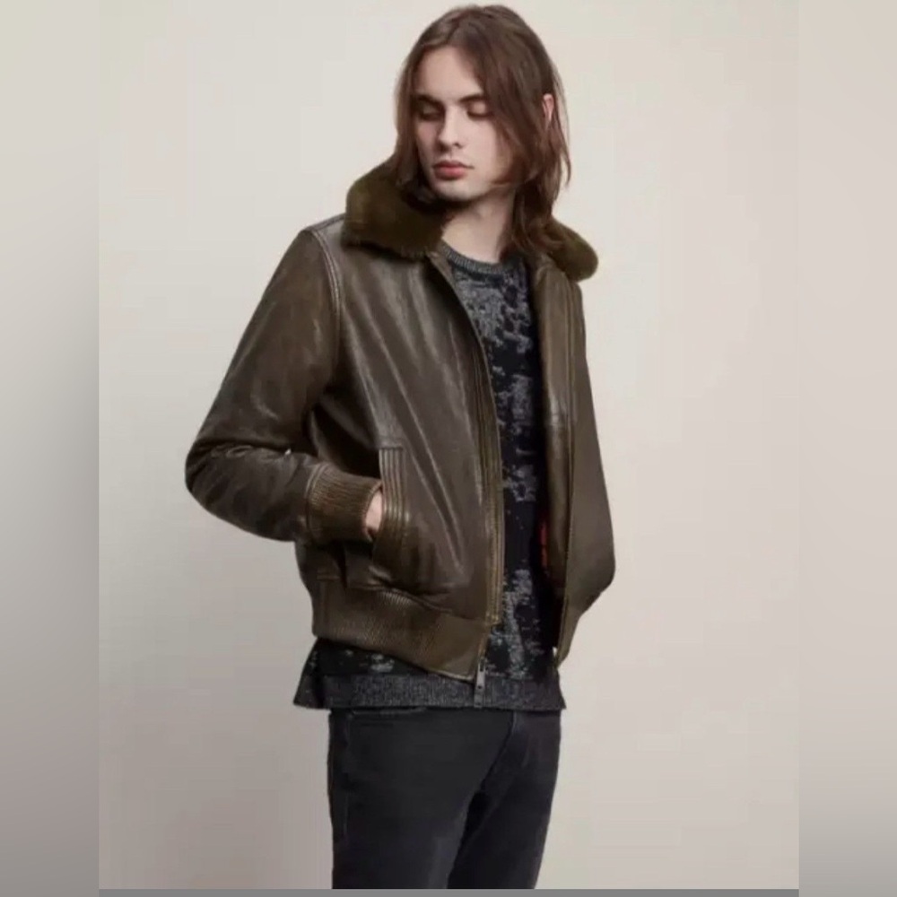 John Varvatos TommyLeather Bomber with Removable Shearling Collar Small